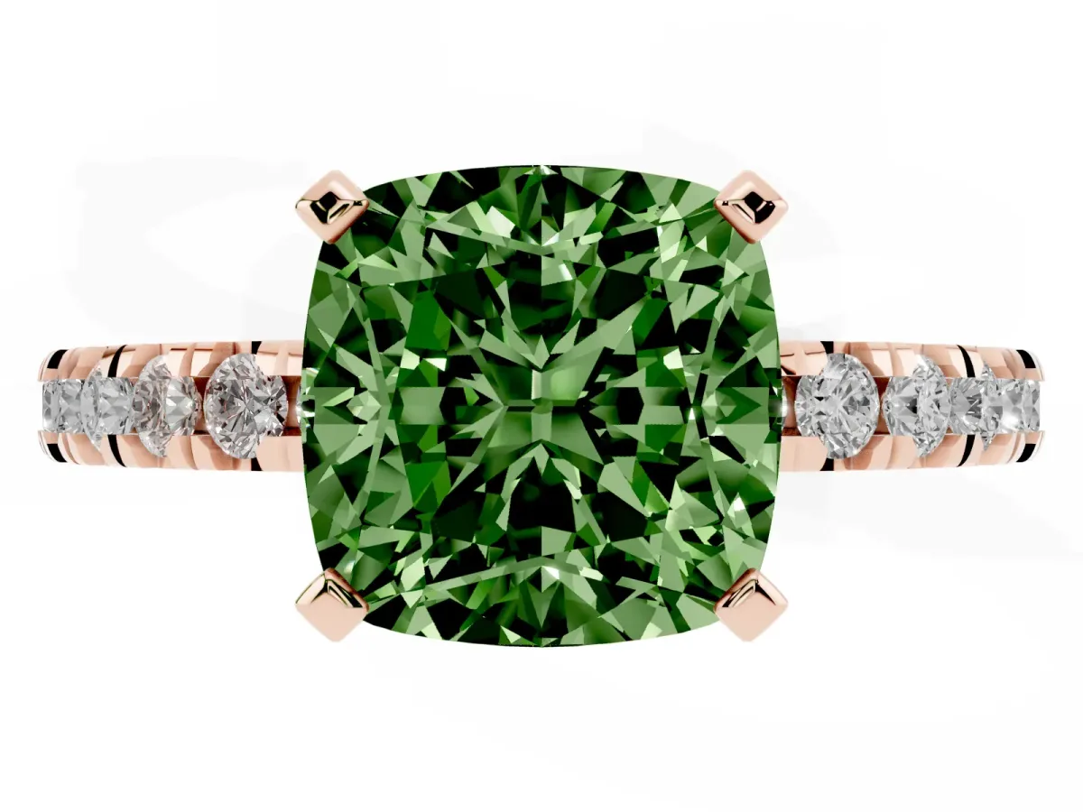 Fancy Green Cushion Cut Diamond Pavé Band Solitaire with Four-Prong Setting Rose gold