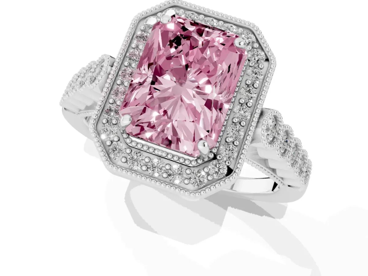 Fancy Pink Radiant Cut Halo Milgrain Solitaire with Bezel Set Side Stones and Pave Band Platinum