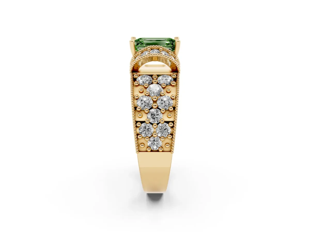 Fancy Green Emerald Cut Halo Pave Diamond Engagement Ring with Milgrain Detailing Yellow gold
