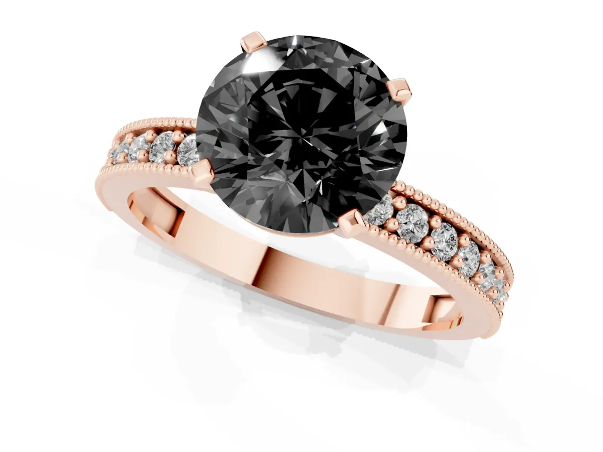Fancy Black Round Cut Diamond Milgrain Pavé Engagement Ring with Four-Prong Setting Rose gold