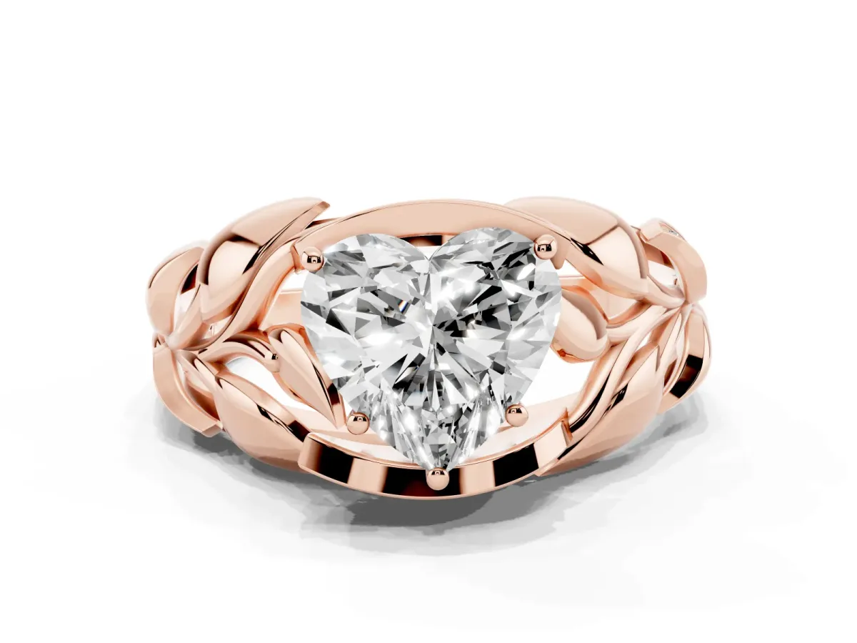 Heart Cut Diamond Leaf-Inspired Engagement Ring with Round Accents and Prong Setting Rose gold