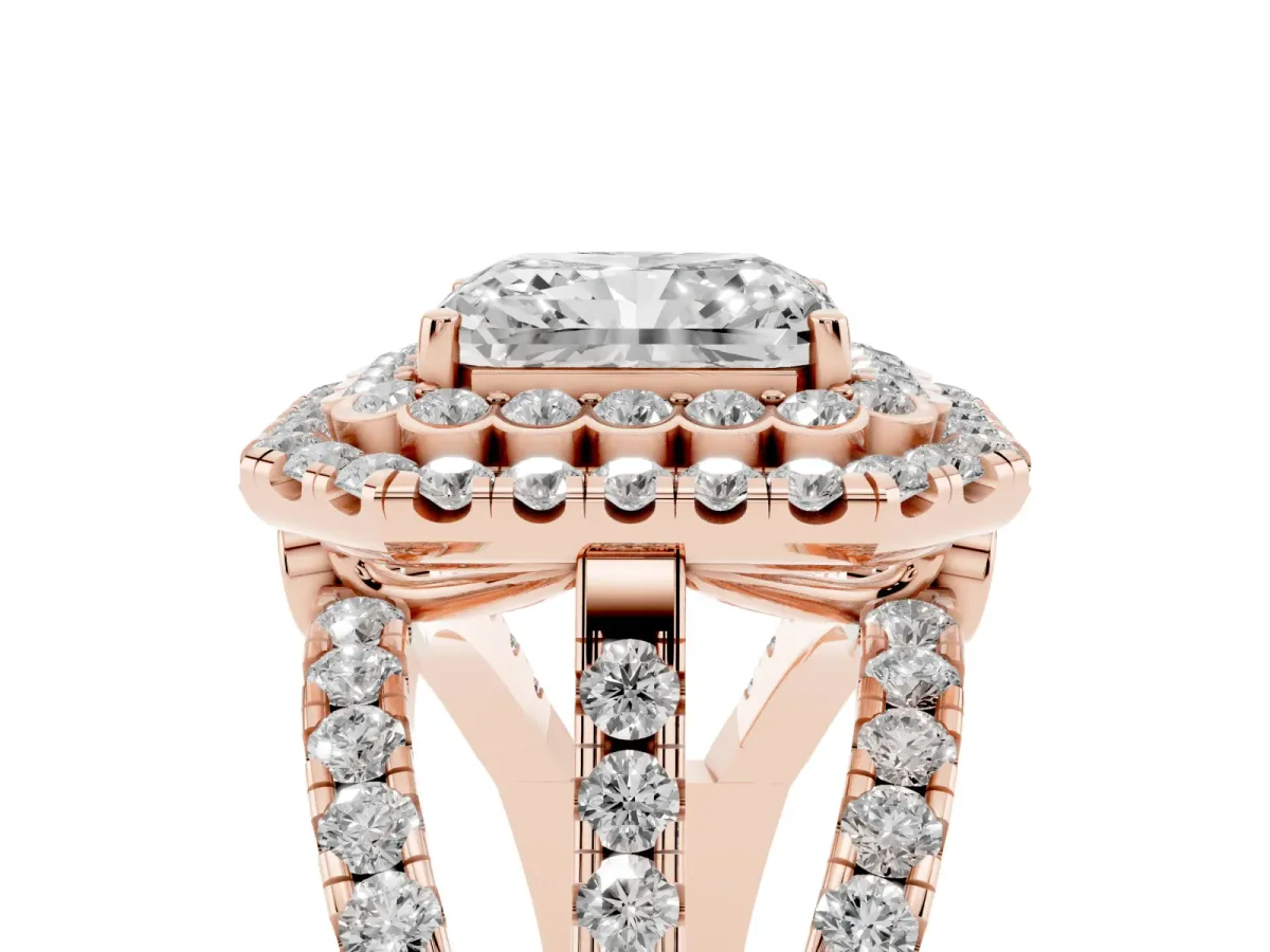 Radiant Cut Diamond Double Halo Ring with Round Pavé Split Shank and Prong Setting Rose gold