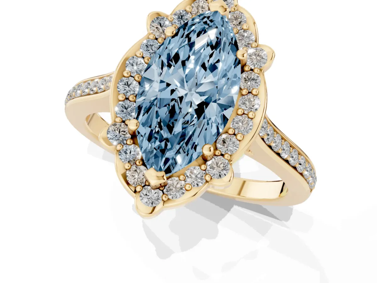 Fancy Blue Marquise Cut Halo Round Diamond Pave Band with Four-Prong Setting Yellow gold