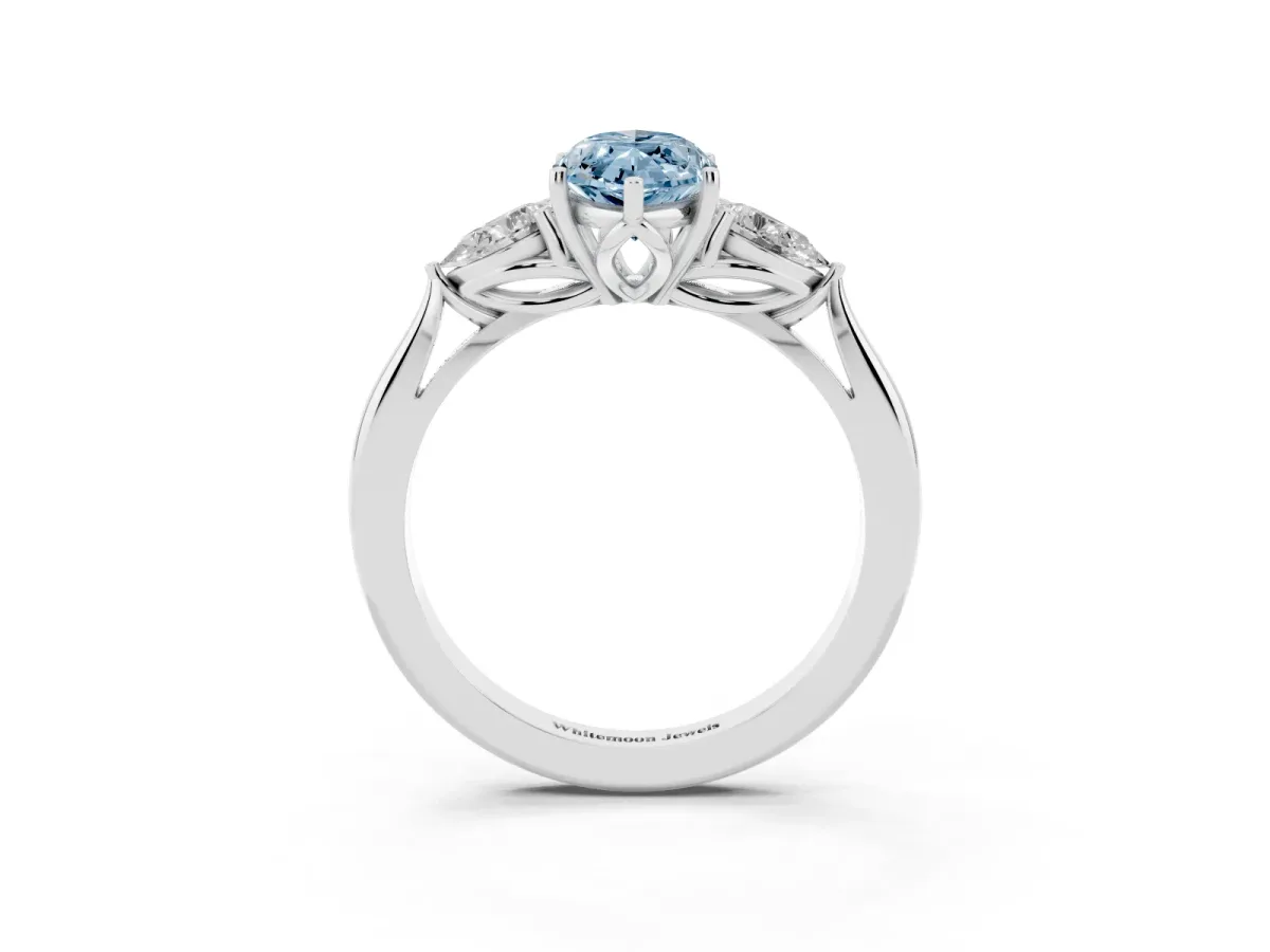 Fancy Blue Three-Stone Marquise Cut Diamond Ring with Pear Side Stones in Four-Prong Setting Silver