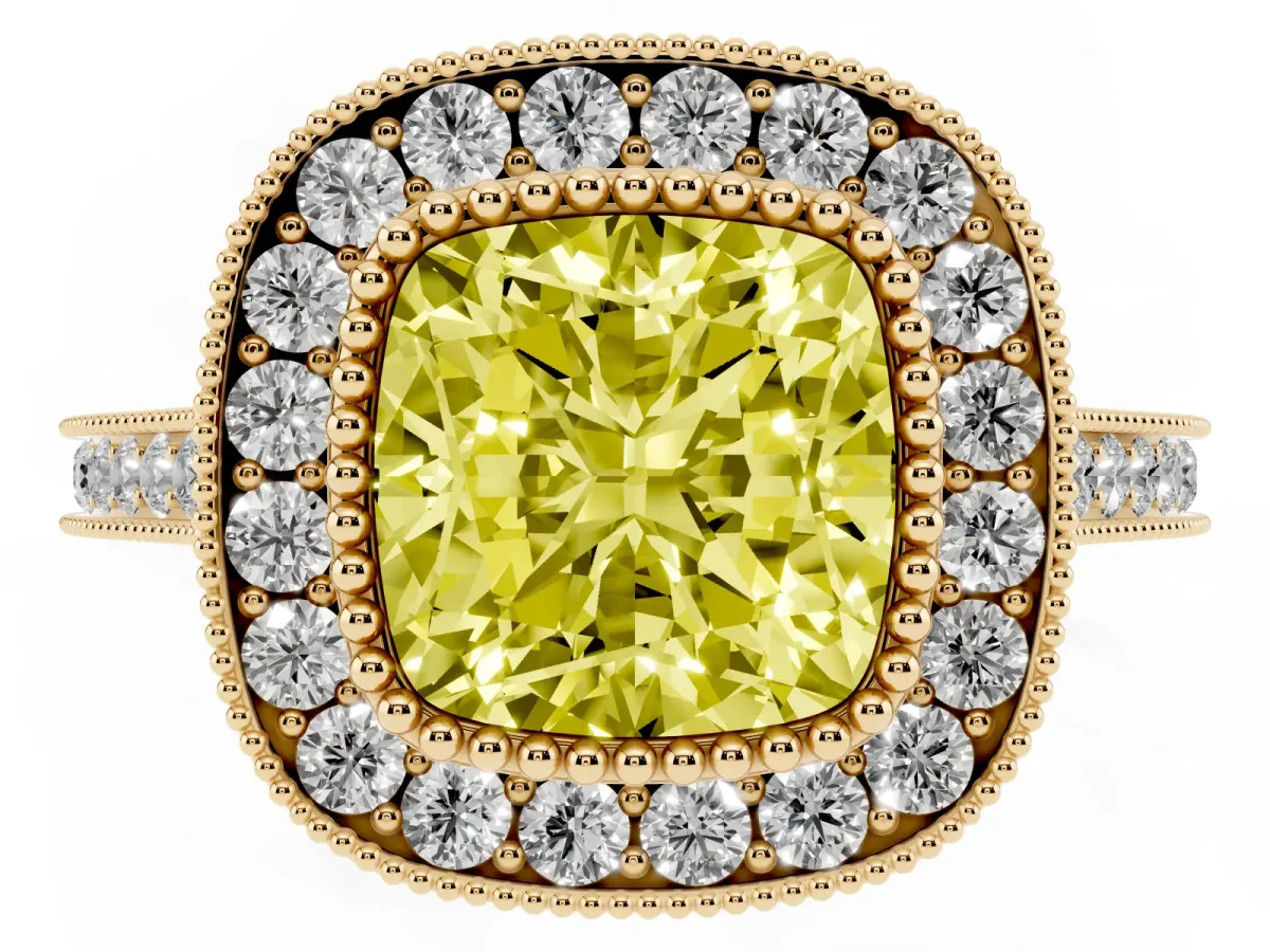 Fancy Yellow Cushion Cut Diamond Halo Ring with Milgrain Frame and Pavé Band Yellow gold