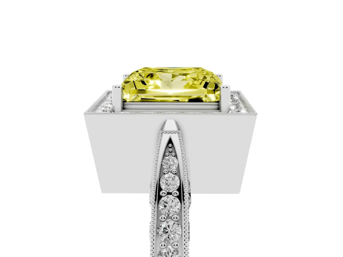 Fancy Yellow Princess Cut Halo Diamond Engagement Ring with Split Shank Band and Four-Prong Setting Silver