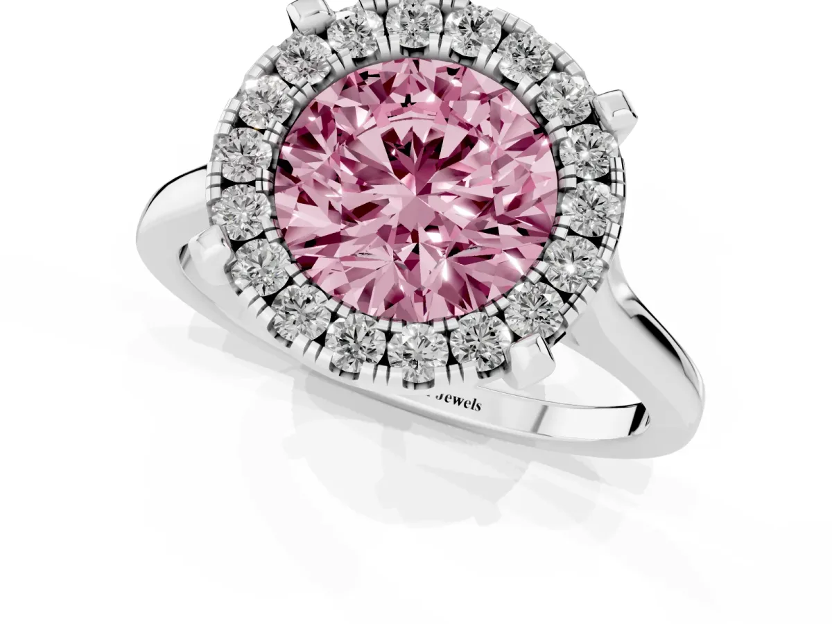 Fancy Pink Round Cut Diamond Cluster Halo Solitaire with Four-Prong Setting Platinum