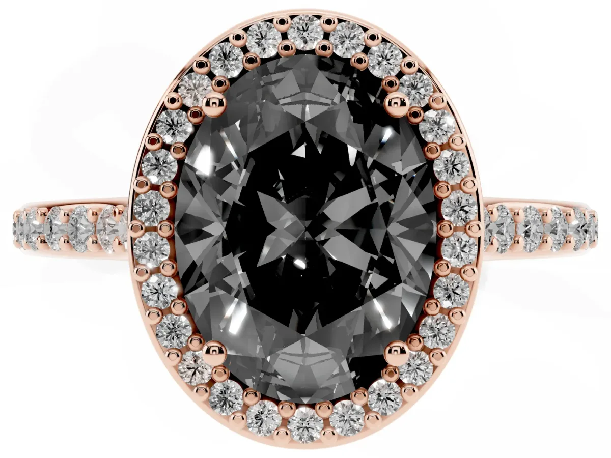 Fancy Black Oval Cut Diamond Halo Engagement Ring with Round Pavé Shoulders and Prong Setting Rose gold