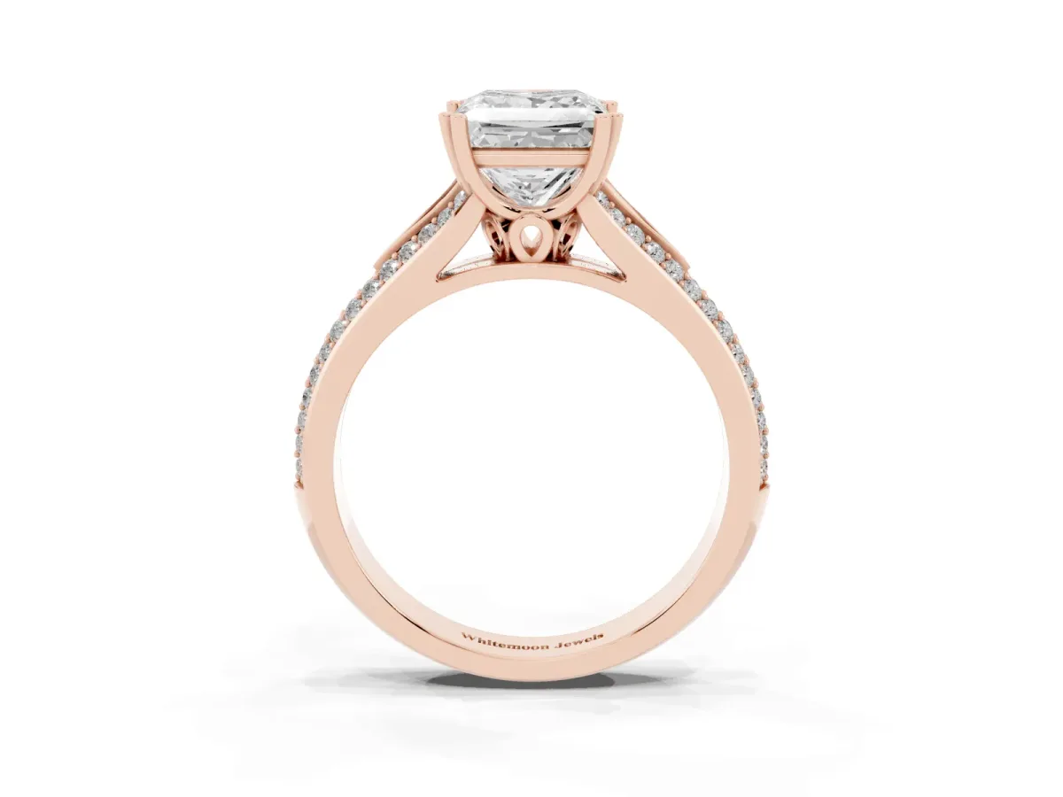 Princess Cut Diamond Split Shank Engagement Ring with Pavé Band Rose gold