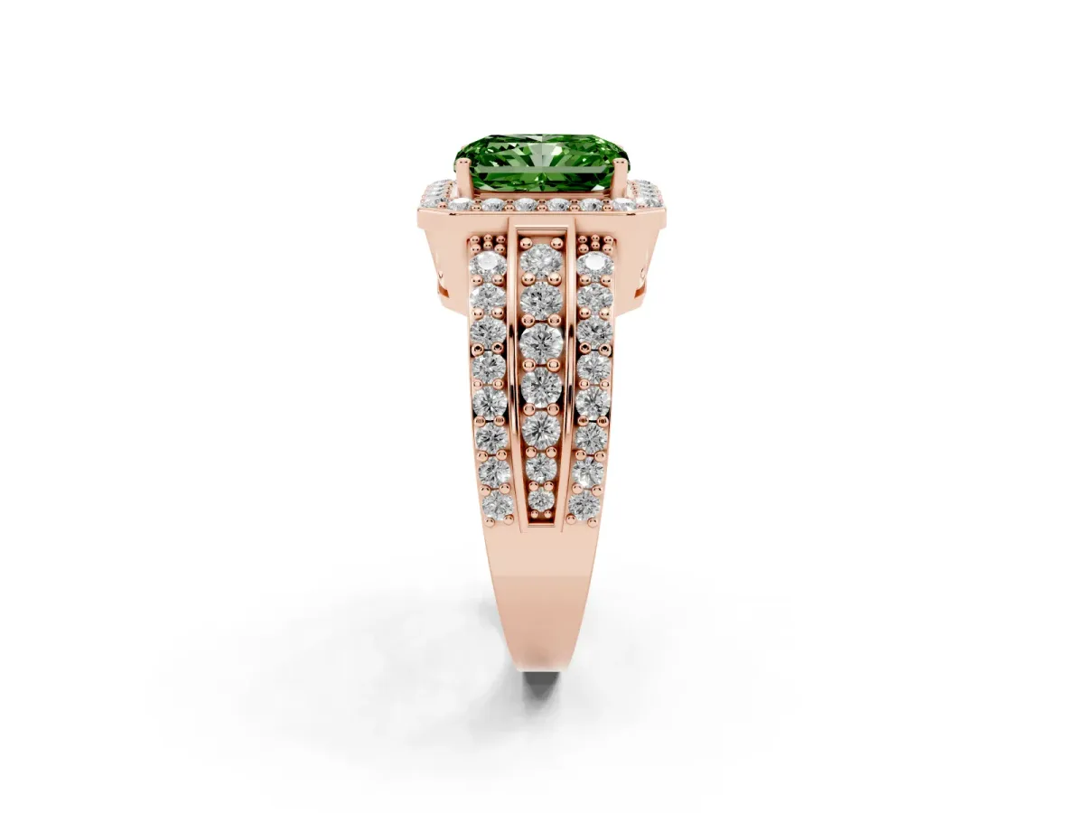 Fancy Green Radiant Cut Halo Diamond Ring with Round Split Shank and Prong Setting Rose gold
