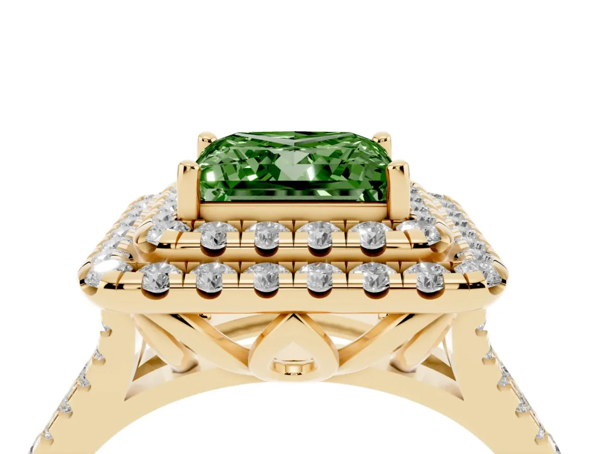 Fancy Green Double Halo Princess Cut Diamond Pavé Split Shank Ring with Prong Setting Yellow gold
