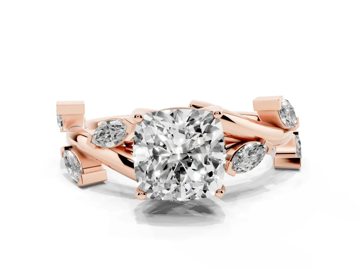Cushion Cut Solitaire Twisted Band Marquise Accent Prong Setting Ring Rose gold