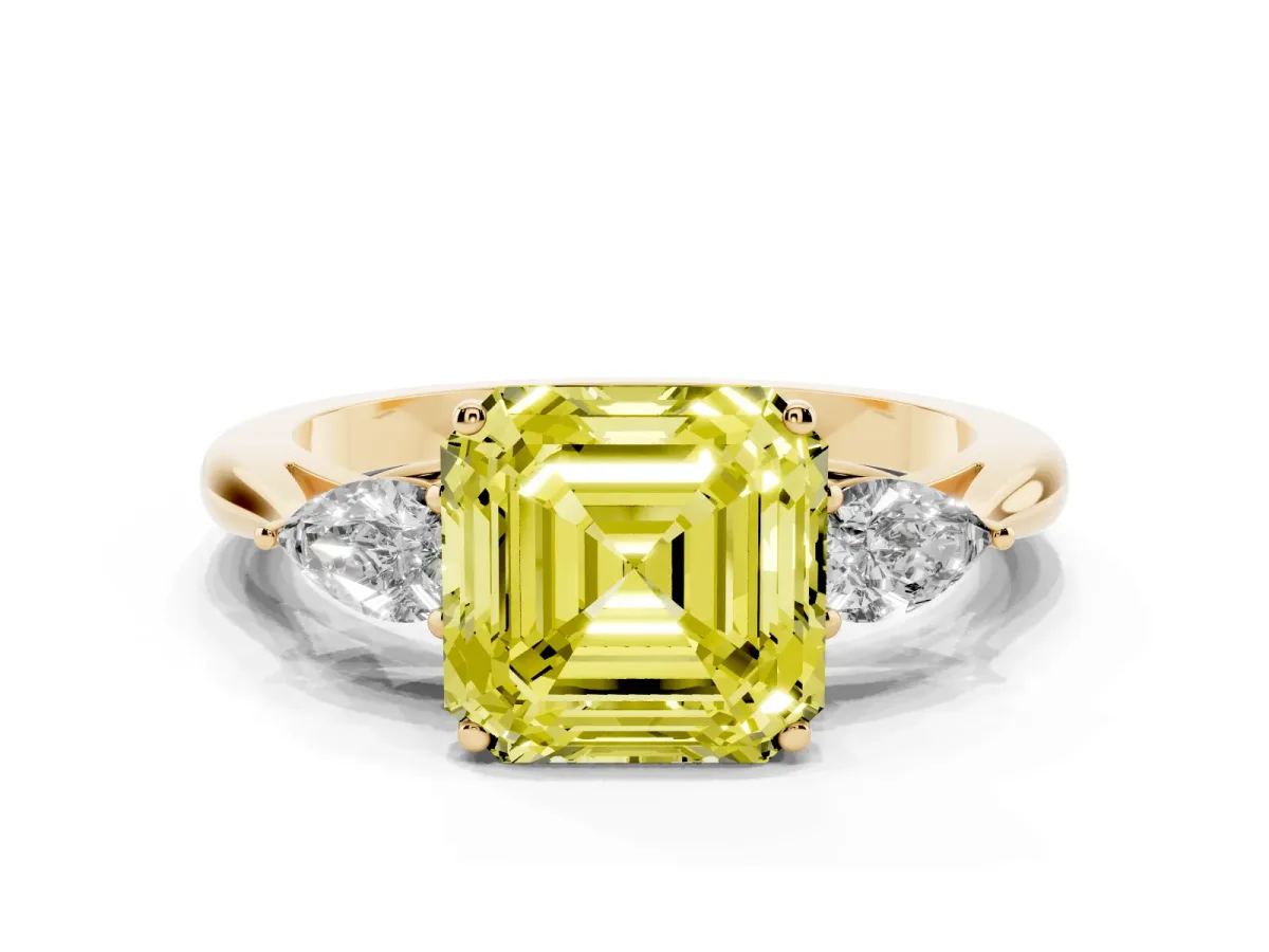 Fancy Yellow Three-Stone Asscher Cut Brilliant Diamond Solitaire Ring with Tapered Band and Four-Prong Setting Yellow gold