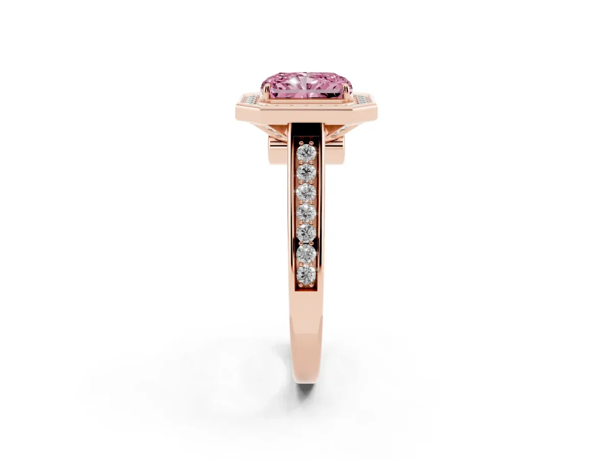 Fancy Pink Radiant Cut Halo Solitaire Diamond Ring with Pave Band and Bezel Setting Rose gold