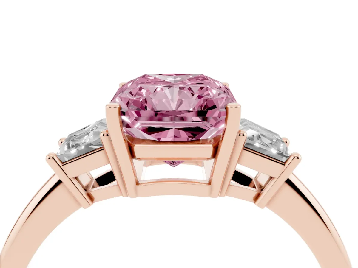 Fancy Pink Radiant Cut Diamond Three-Stone Ring with Trapezoid Side Stones and Prong Setting Rose gold