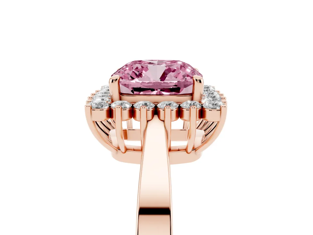 Fancy Pink Cushion Cut Cut Diamond Halo Ring with Round Brilliant Halo and Solitaire Band Rose gold
