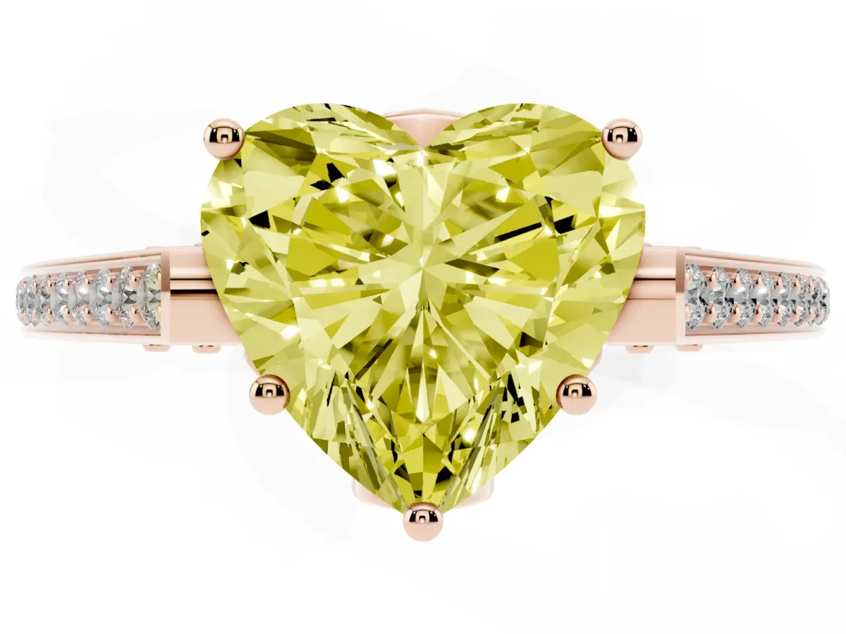 Fancy Yellow Heart Cut Cut Cathedral Pave Diamond Engagement Ring with Six-Prong Setting Rose gold