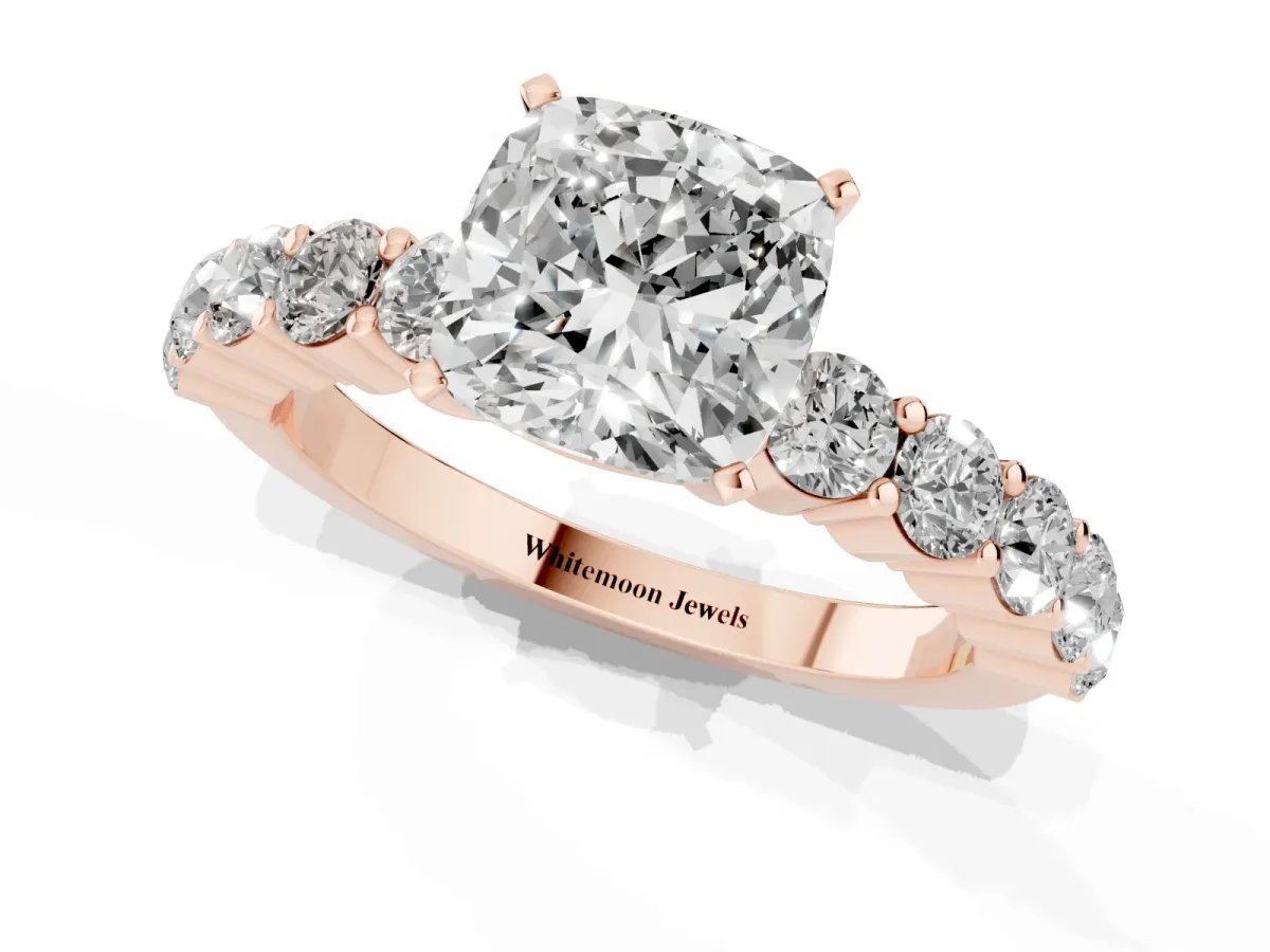 Cushion Cut Diamond Solitaire Ring with Shared Prong Round Side Stones Rose gold