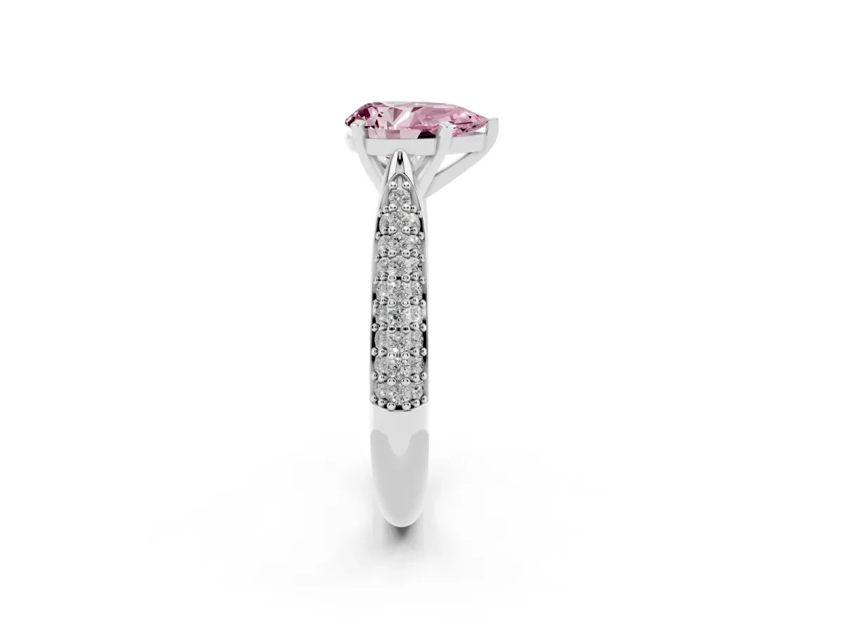 Fancy Pink Pear Cut Diamond Solitaire Engagement Ring with Multi-Row Round Pavé Band and Prong Setting Silver