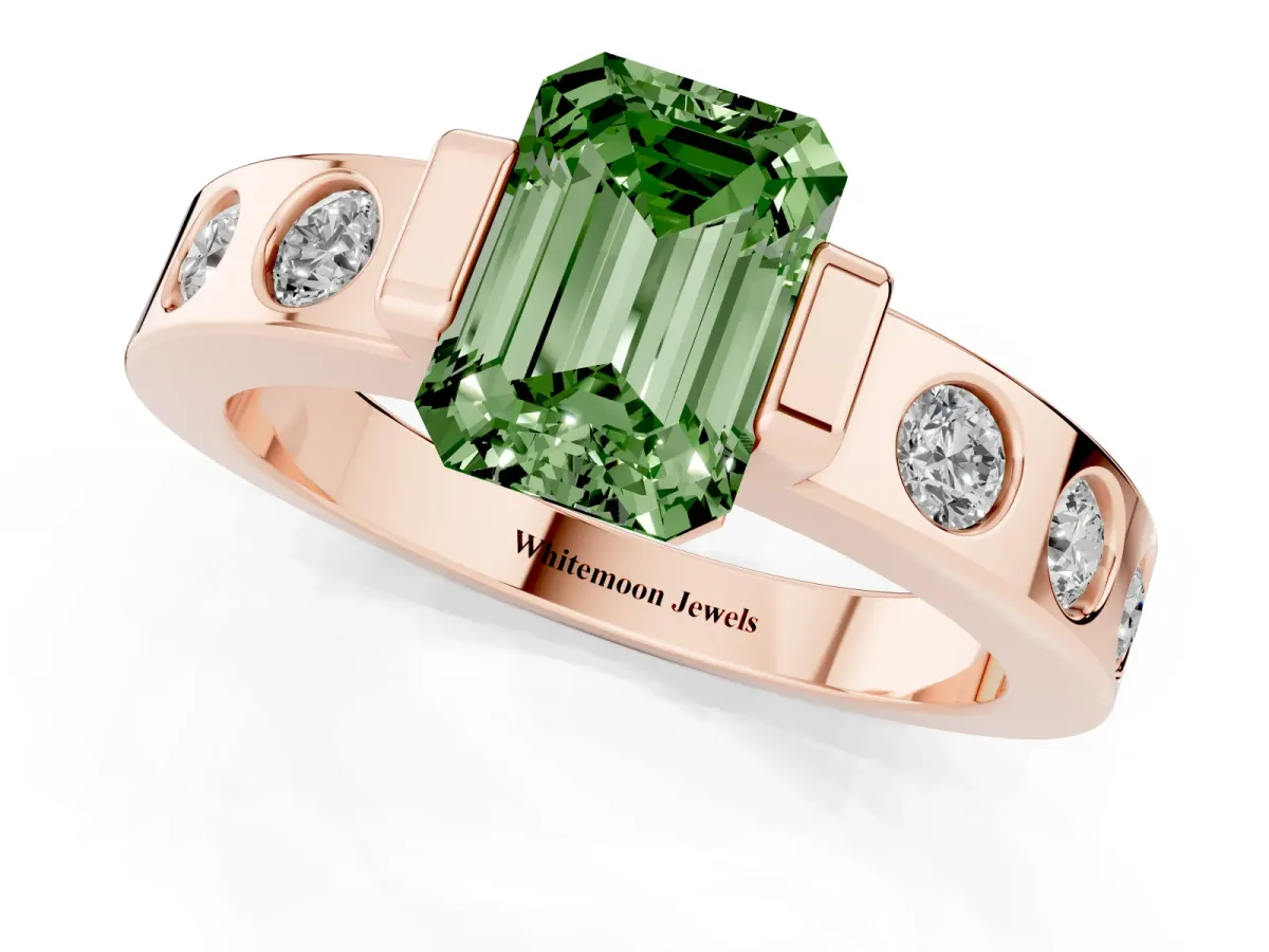 Fancy Green Emerald Cut Brilliant Channel-Set Diamond Ring with Bezel Prong Setting Rose gold