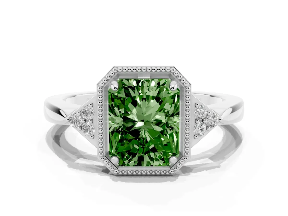 Fancy Green Hexagonal Halo Radiant Cut Diamond Solitaire with Pavé Band and Four-Prong Setting Platinum