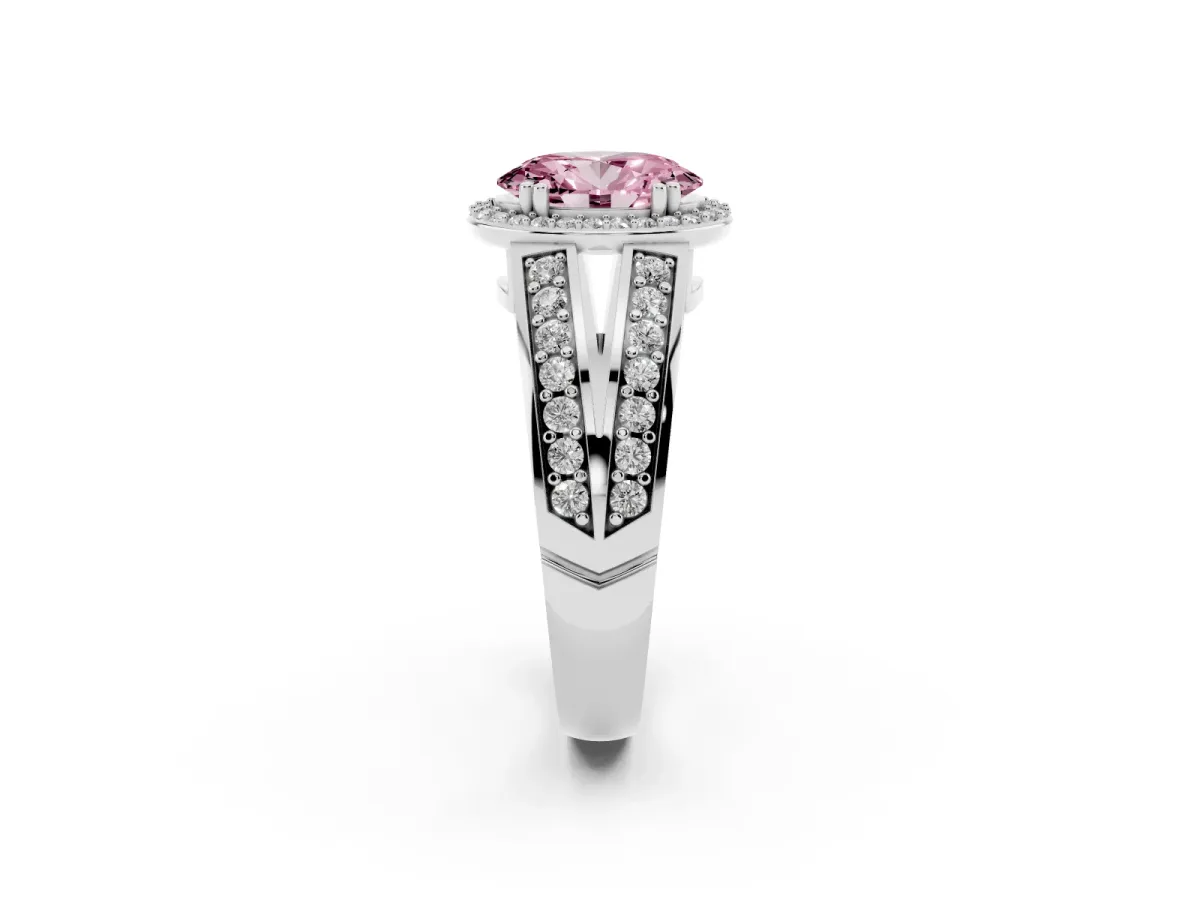 Fancy Pink Oval Cut Diamond Halo Ring with Split Shank Pavé Band and Four-Prong Setting Platinum