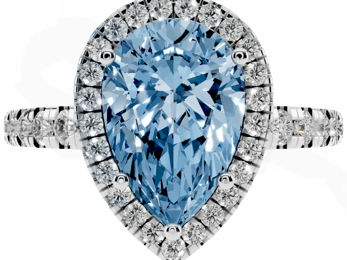 Fancy Blue Pear Cut Diamond Halo Ring with Pavé Band and Four-Prong Setting White gold