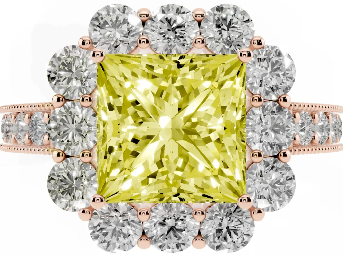Fancy Yellow Princess Cut Cut Halo Diamond Pavé Engagement Ring with Milgrain Detailing Rose gold