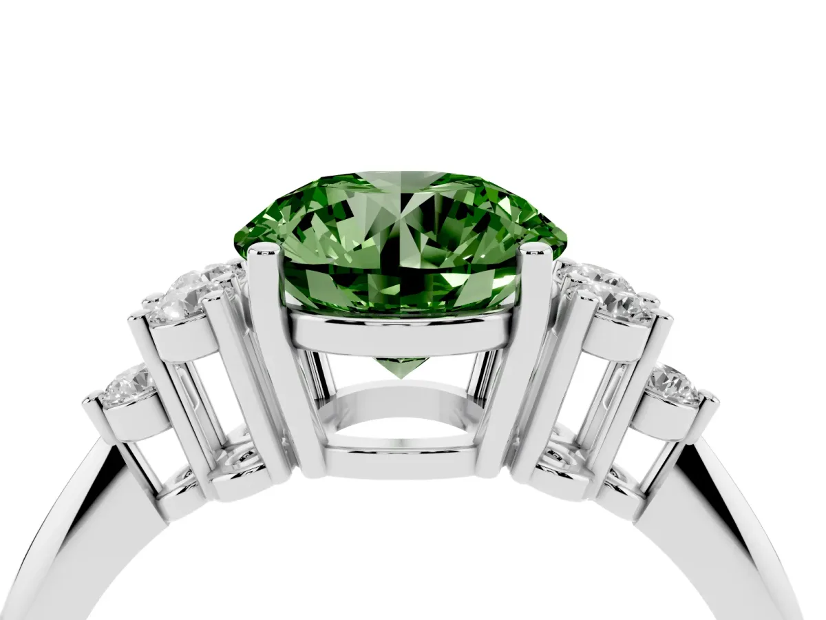 Fancy Green Round Cut Cut Diamond Cluster Ring with Solitaire Band and Four-Prong Setting Silver