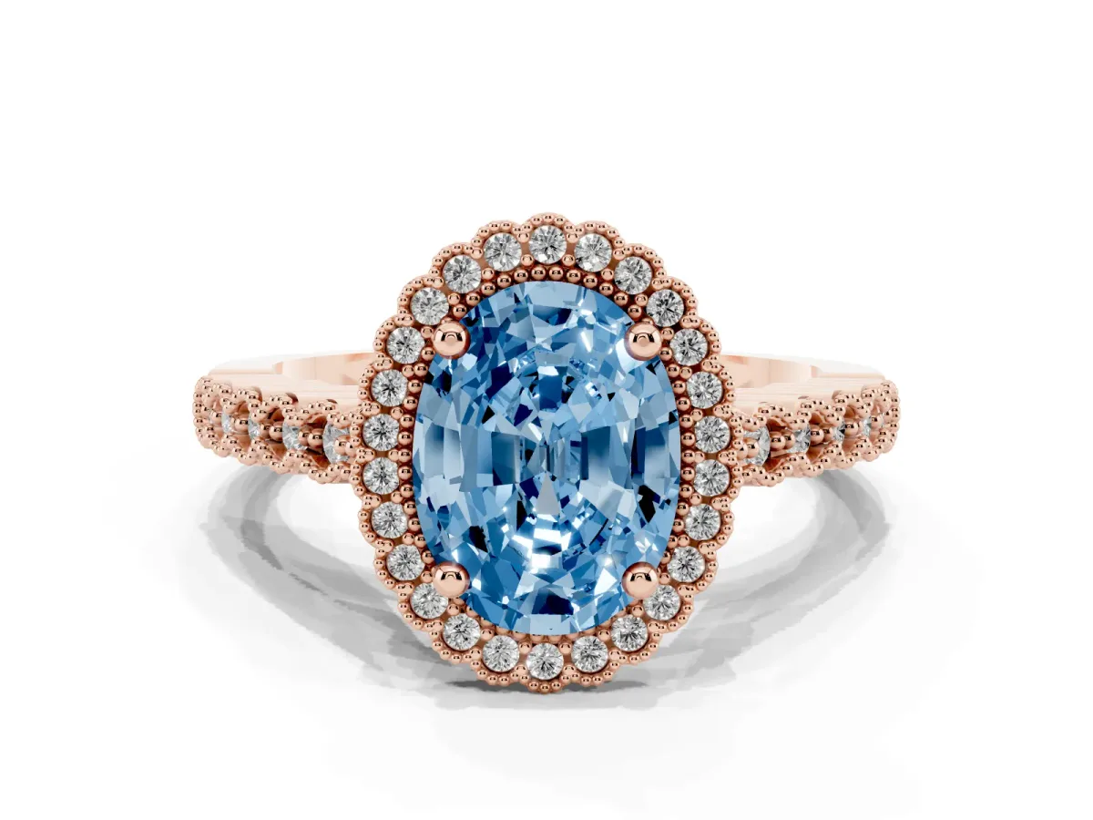 Fancy Blue Oval Cut Cut Halo Pavé Solitaire Ring with Milgrain Band Rose gold