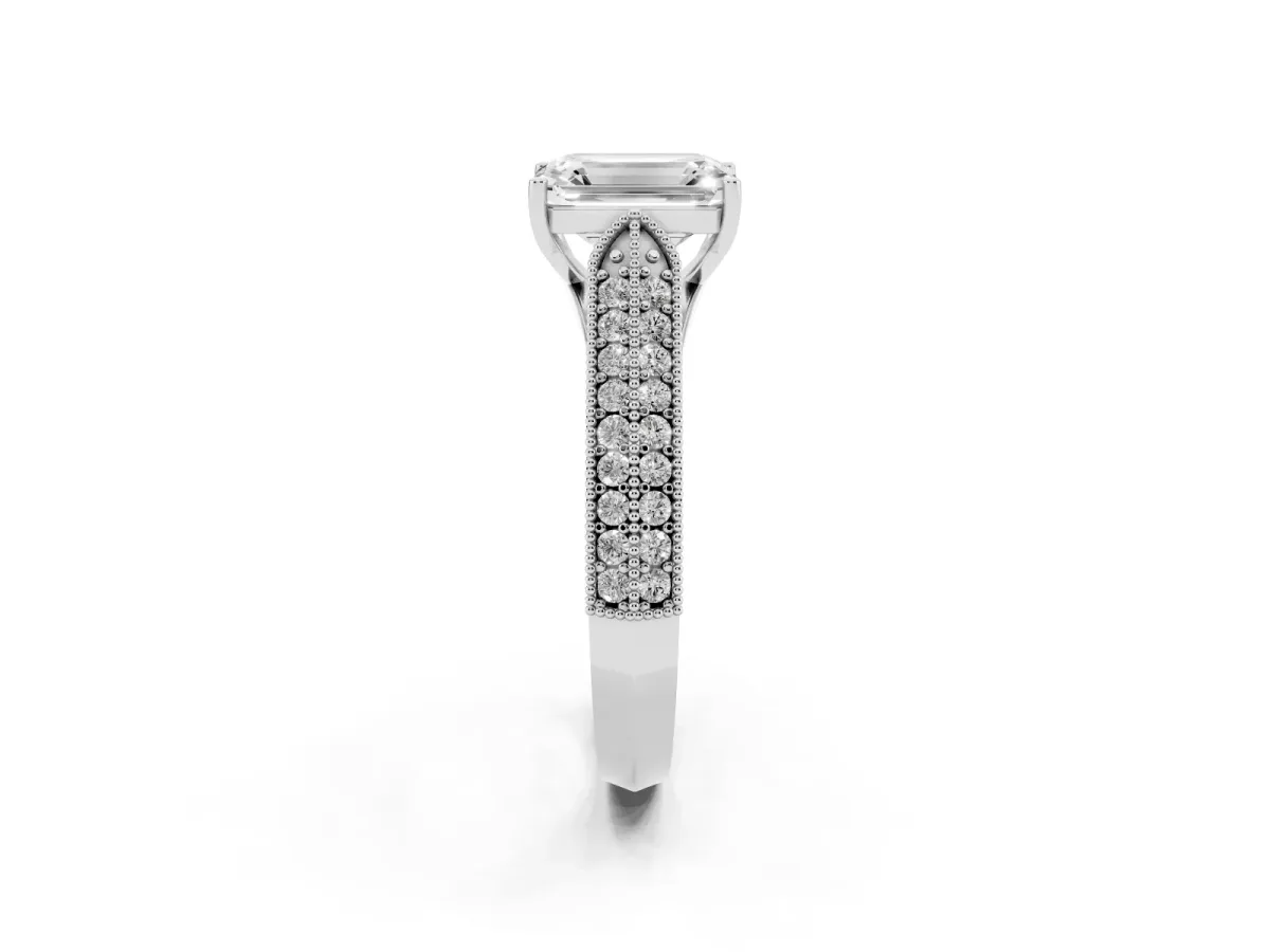 Emerald Cut Cut Pave Split Shank Engagement Ring with Four-Prong Setting Silver