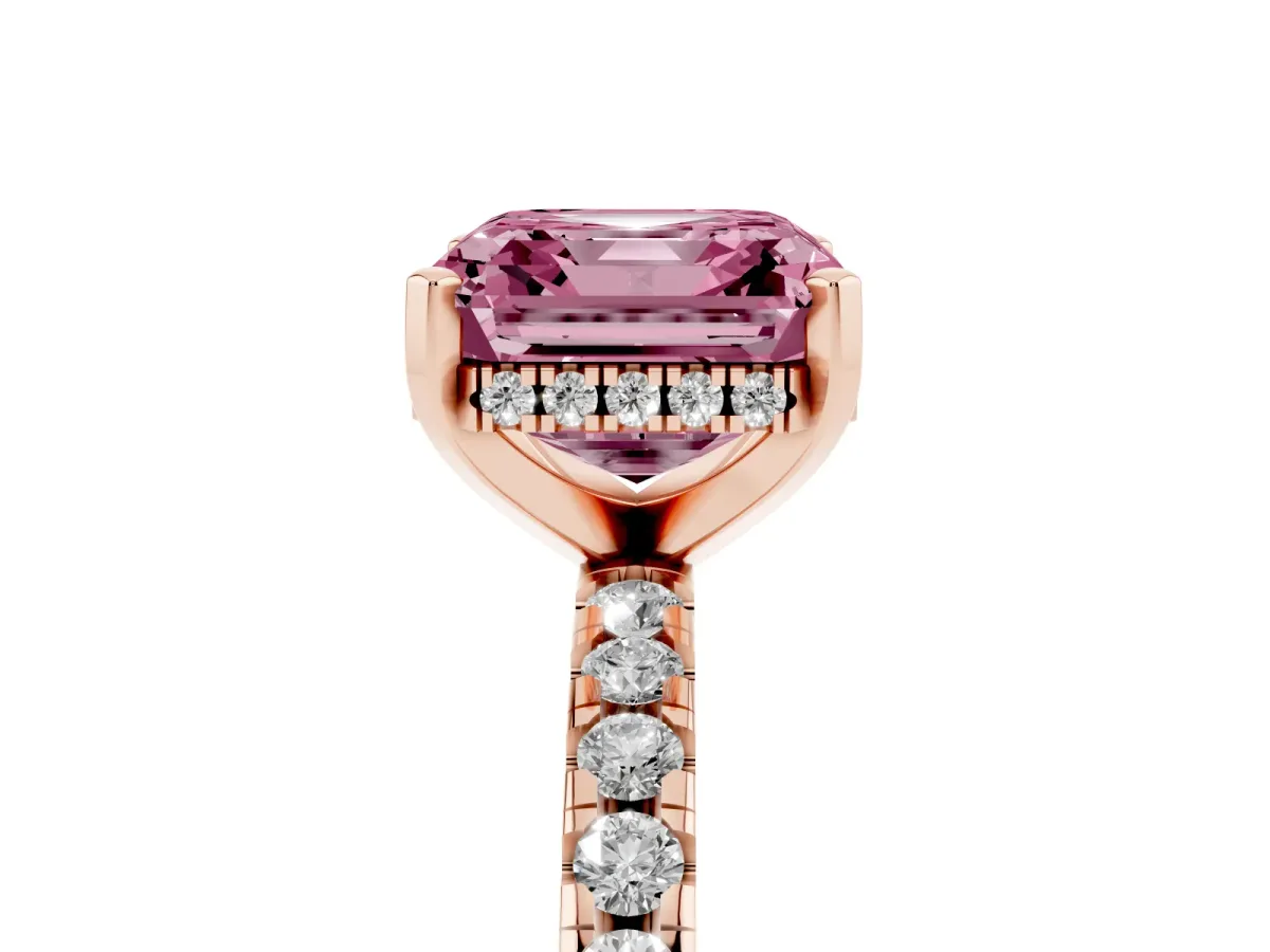 Fancy Pink Asscher Cut Diamond Solitaire Ring with Round Pavé Band and Four-Prong Setting Rose gold