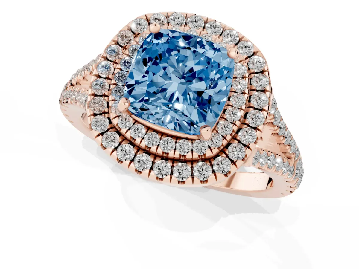Fancy Blue Cushion Cut Diamond Double Halo Ring with Pavé Band and Prong Setting Rose gold