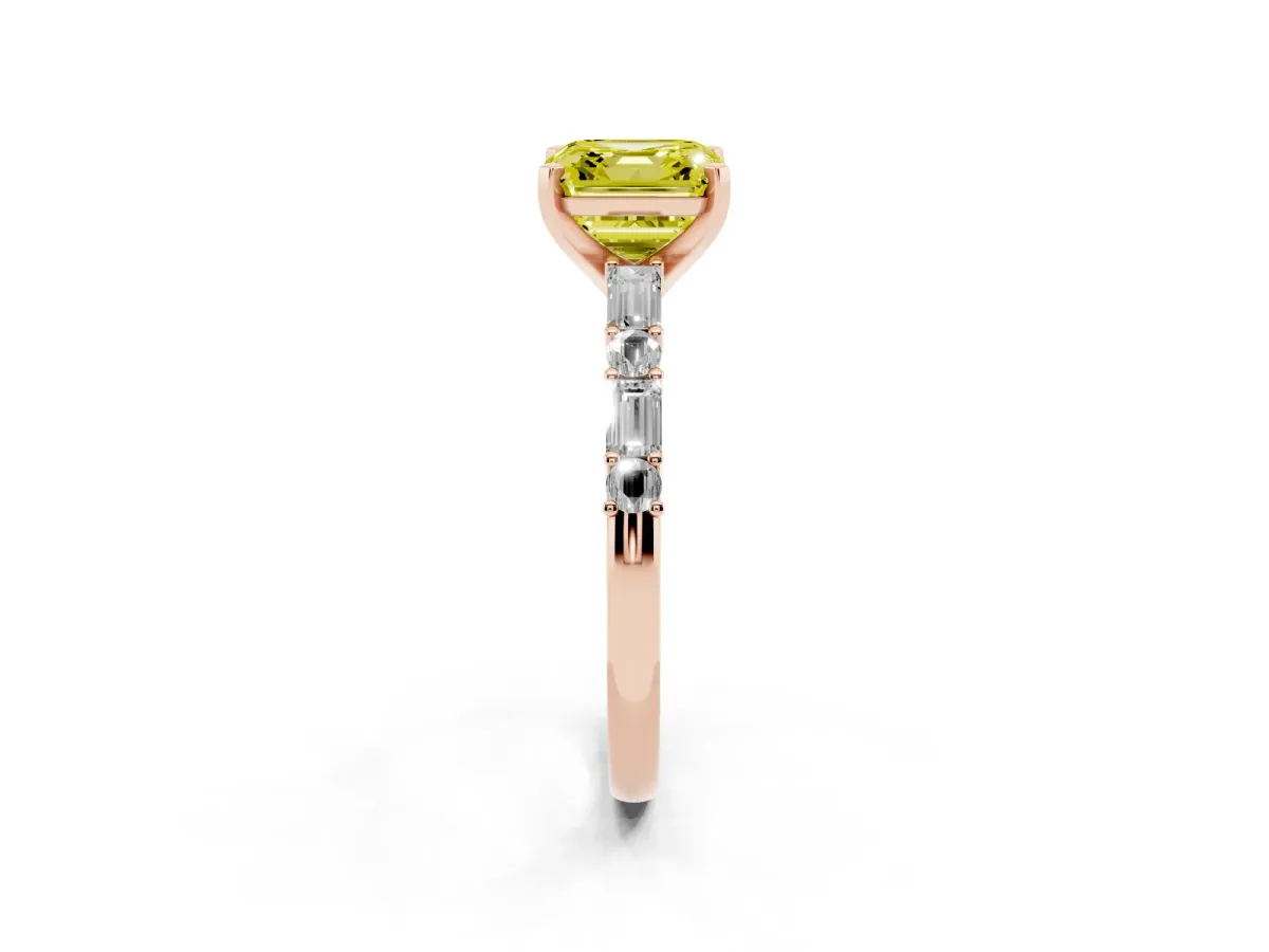 Fancy Yellow Asscher Cut Diamond Solitaire with Side Baguettes and Channel Set Band Rose gold
