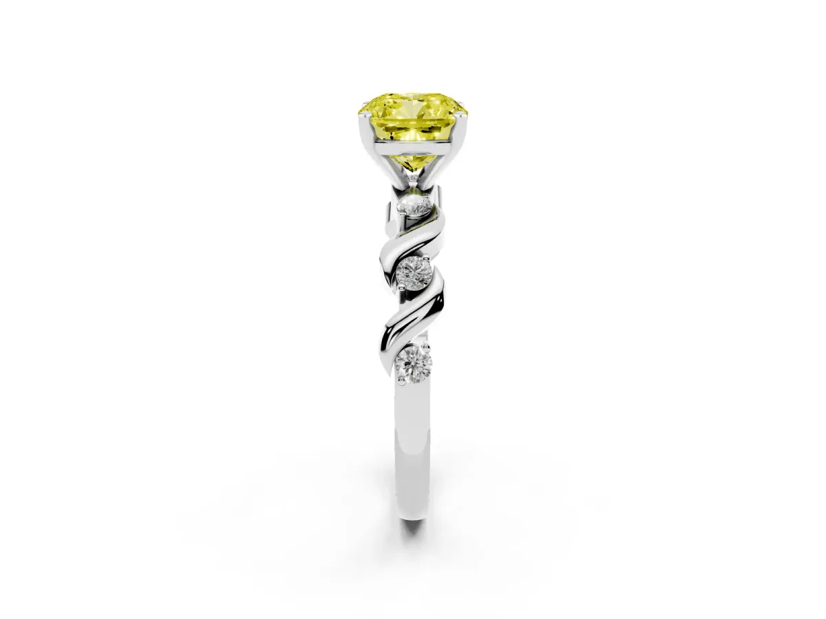 Fancy Yellow Cushion Cut Diamond Solitaire Twisted Band with Round Accents and Prong Setting White gold