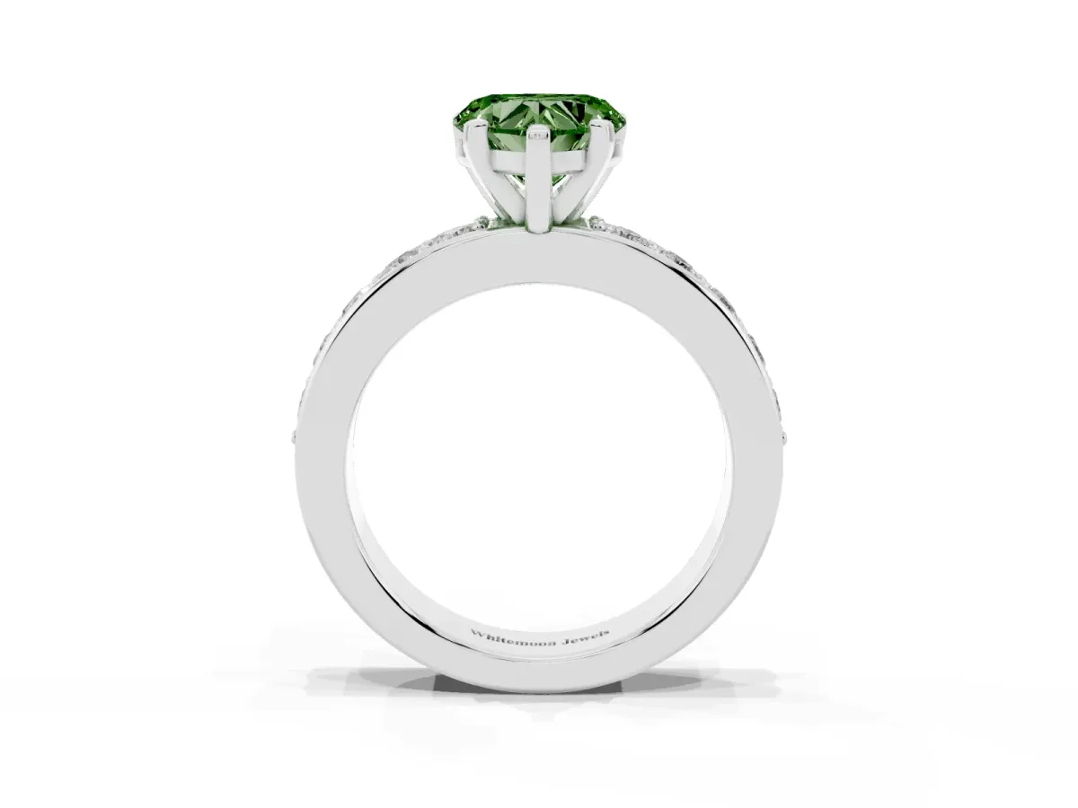 Fancy Green Heart Cut Diamond Engagement Ring with Channel Set Round Band and Prong Setting Platinum