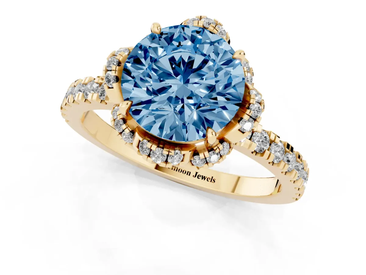 Fancy Blue Round Cut Halo Diamond Pave Band Ring with Four-Prong Setting Yellow gold