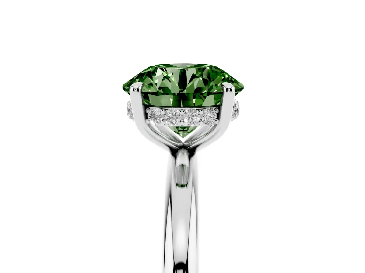 Fancy Green Round Cut Diamond Solitaire Ring with Thin Band and Four-Prong Setting Silver