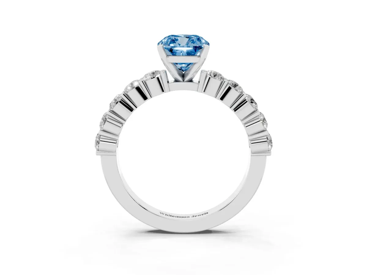 Fancy Blue Cushion Cut Diamond Solitaire Ring with Shared Prong Round Side Stones Platinum
