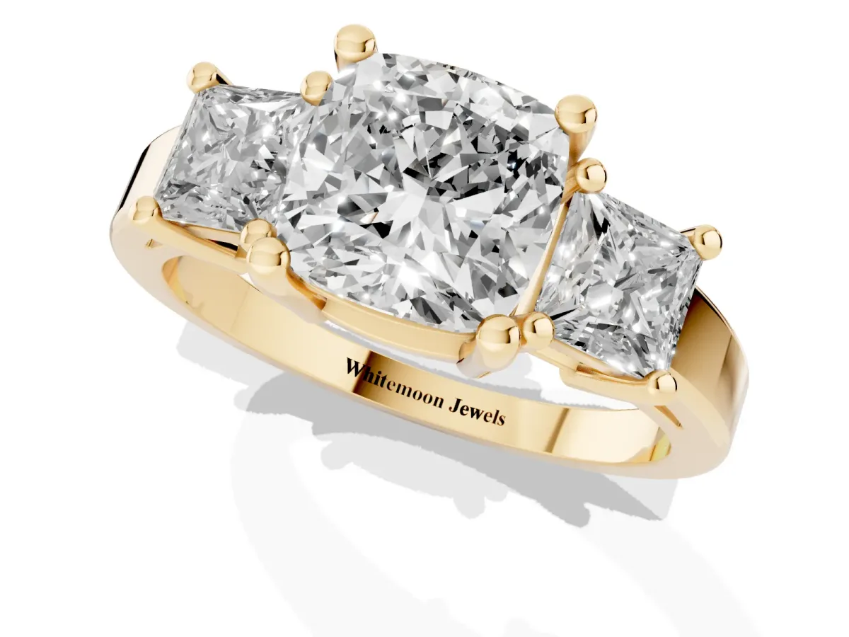 Three-Stone Cushion Cut Cut Solitaire Ring with Prong Setting Yellow gold