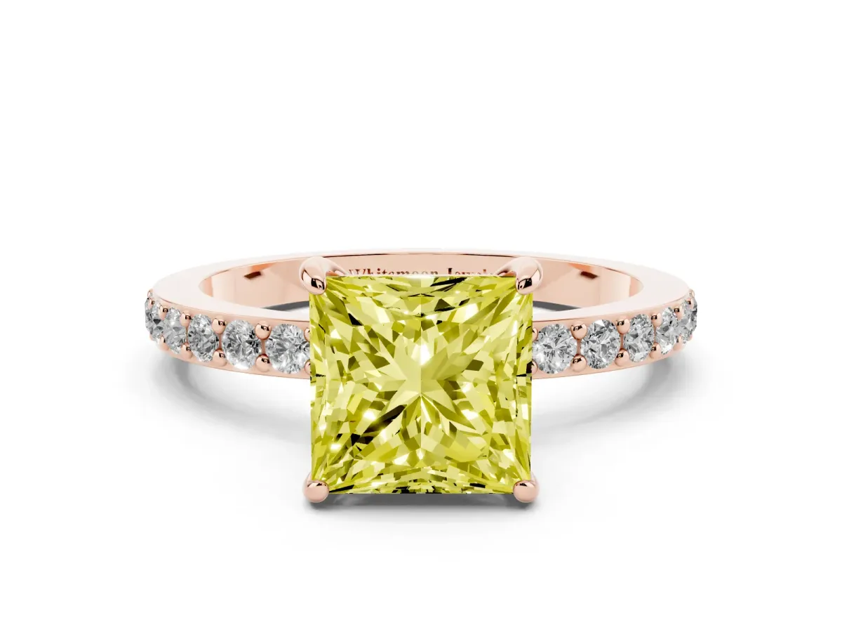 Fancy Yellow Princess Cut Diamond Pavé Engagement Ring with Round Accents and Prong Setting Rose gold