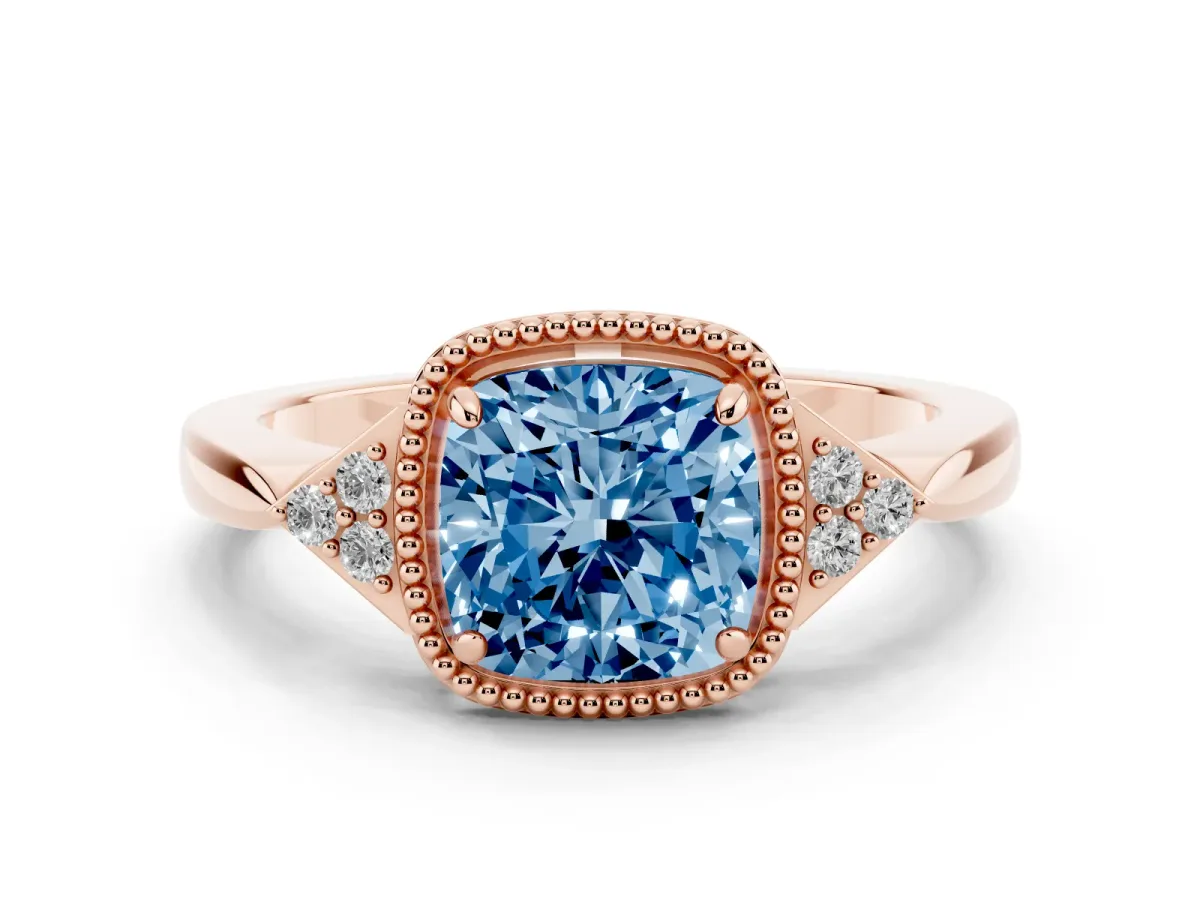 Fancy Blue Hexagonal Halo Cushion Cut Diamond Solitaire with Pavé Band and Four-Prong Setting Rose gold