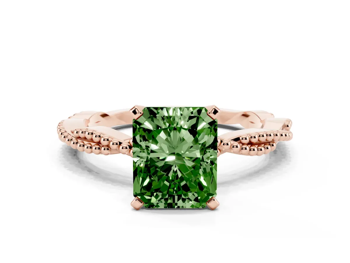 Fancy Green Radiant Cut Solitaire Twisted Band with Bead Prong Setting Rose gold