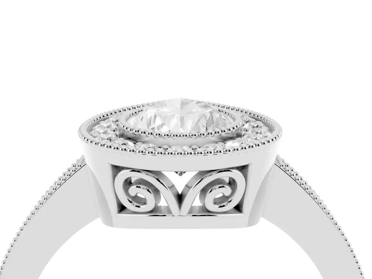 Pear Cut Cut Halo Diamond Ring with Pavé Band and Milgrain Prong Setting Silver