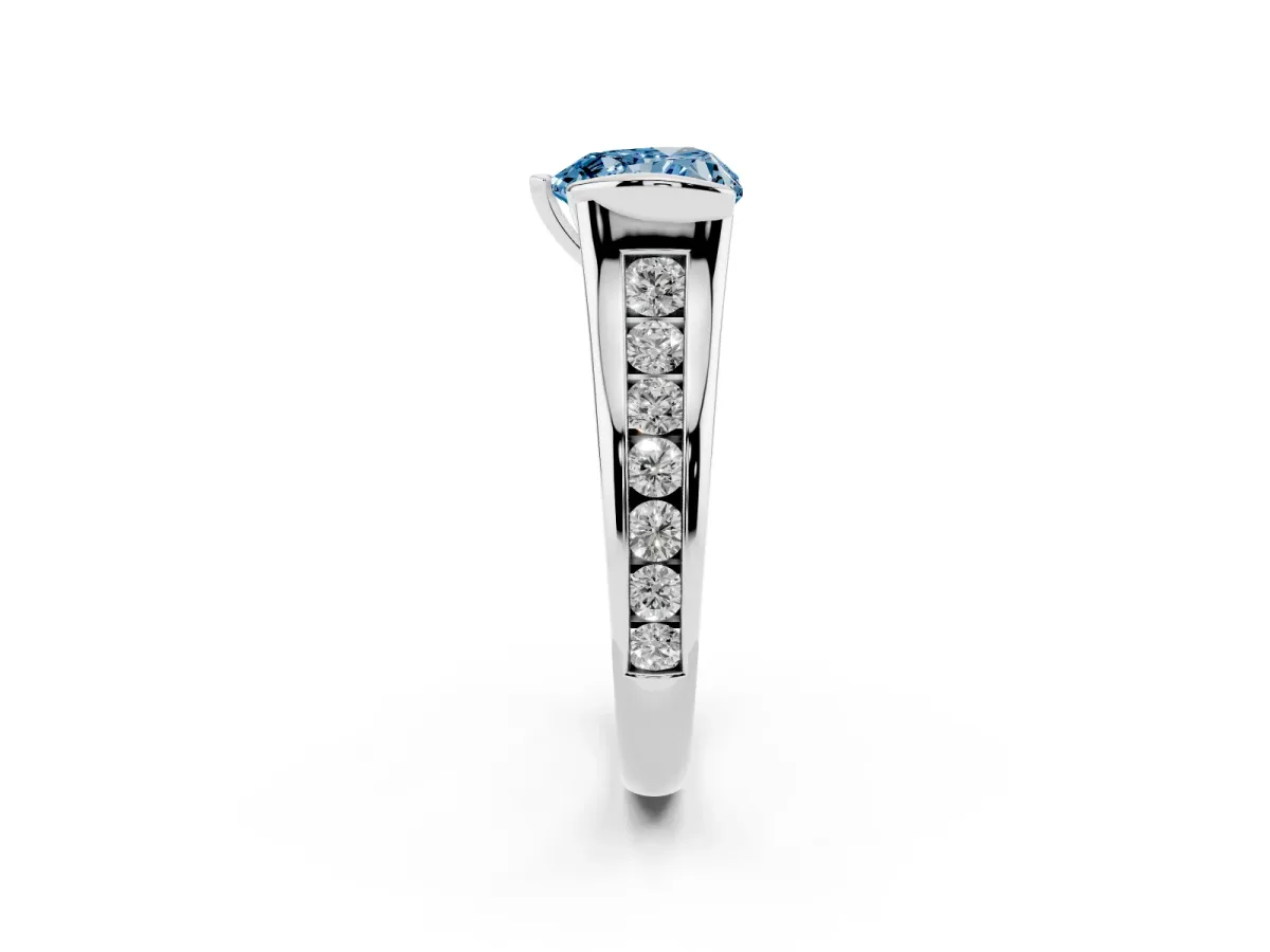 Fancy Blue Heart Cut Solitaire Bezel-Set Diamond Ring with Channel-Set Band Silver