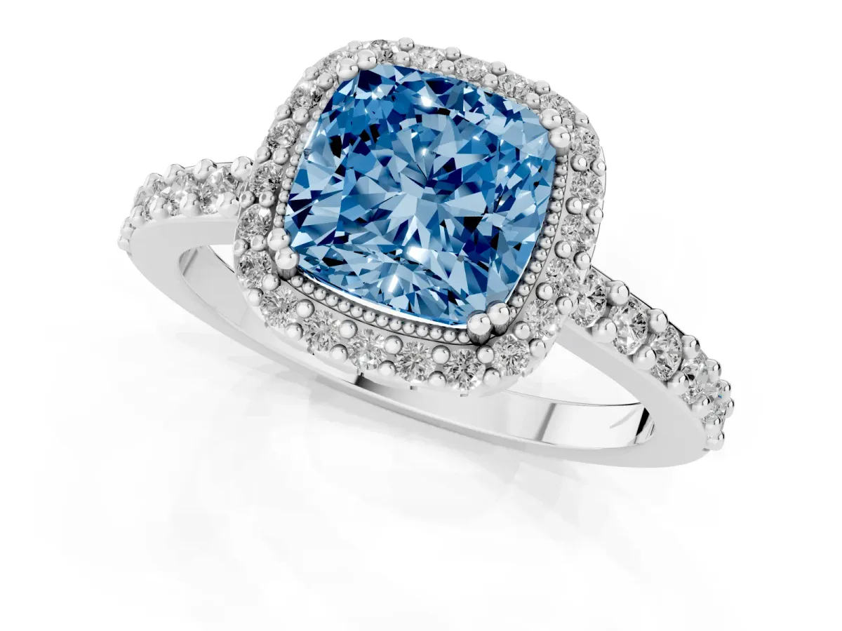 Fancy Blue Cushion Cut Cut Diamond Halo Engagement Ring with Milgrain Detail and Pavé Band Silver
