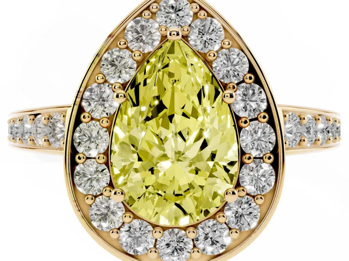Fancy Yellow Pear Cut Halo Pavé Diamond Engagement Ring with Bezel Setting Yellow gold