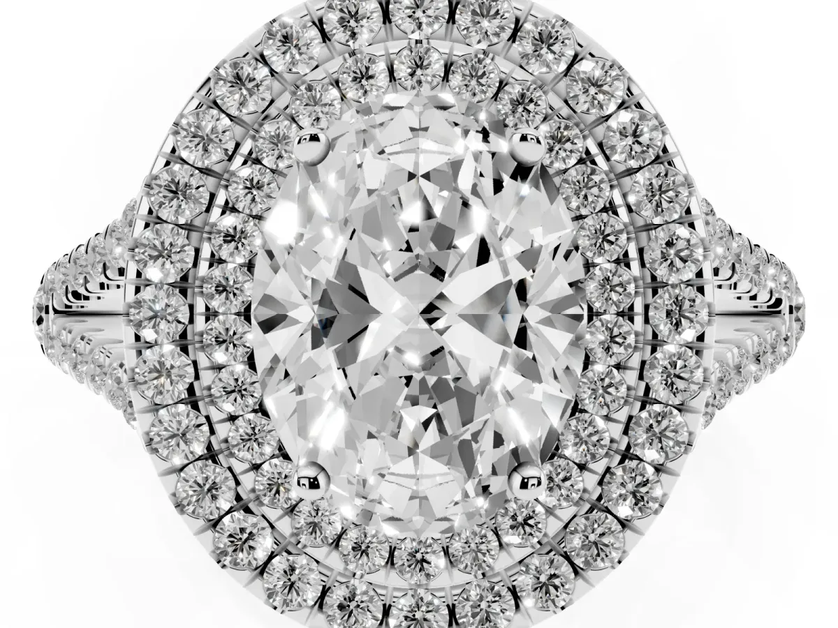 Oval Cut Diamond Double Halo Ring with Pavé Band and Prong Setting Silver