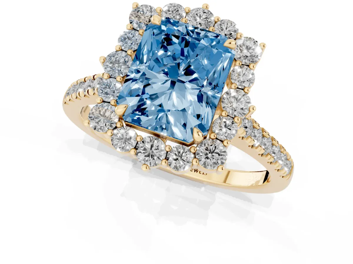 Fancy Blue Radiant Cut Halo Diamond Ring with Pavé Band and Prong Setting Yellow gold