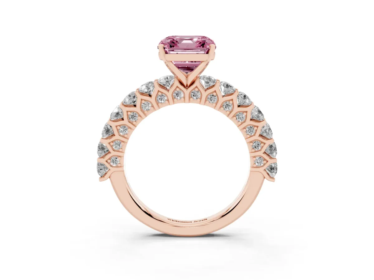 Fancy Pink Asscher Cut Diamond Solitaire Ring with Shared Prong Pavé Band and Four-Prong Setting Rose gold